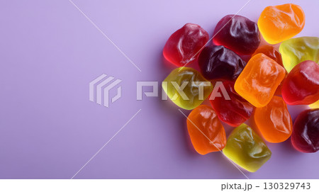 Flat lay of bright gumdrops on soft lavender background, clean composition 130329743