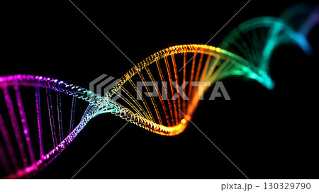 Blue DNA double helix with water molecule blue background. Human genetic research DNA, laboratory environment. Abstract image of human genetics, which glowing DNA strands merge with digital elements 130329790