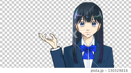 Anime-style illustration of a high school or junior high school girl explaining, guiding, or introducing, white background 130329818