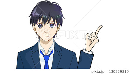 指差しで説明する高校生または中学生の男子のアニメ風イラスト、白バック 130329819