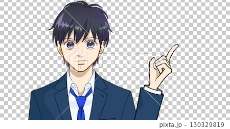 指差しで説明する高校生または中学生の男子のアニメ風イラスト、白バック 130329819
