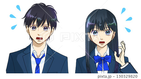 焦る、驚く、高校生または中学生の男女のアニメ風イラスト、白バック 130329820