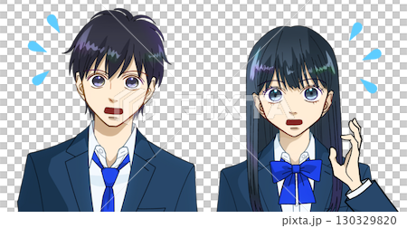動漫風格的插圖，描繪了匆忙、驚訝、白色背景的男女高中生或初中生 130329820