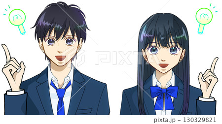 わかった、ひらめいた、高校生または中学生の男女のアニメ風イラスト、白バック 130329821