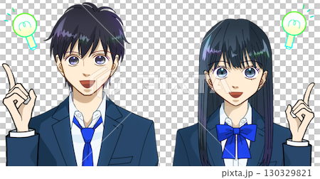 我明白了，我有一個主意，高中或初中男孩和女孩的動漫風格插圖，白色背景 130329821