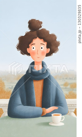 A young woman with curly brown hair sits at a table, wearing a blue scarf. She holds a cup of tea, surrounded by an autumn landscape. The scene conveys comfort and tranquility. 130329835