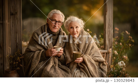 An elderly Caucasian couple sits together on a porch, wrapped in blankets, holding warm drinks. The scene captures the essence of autumn and comfort in the countryside. 130329843