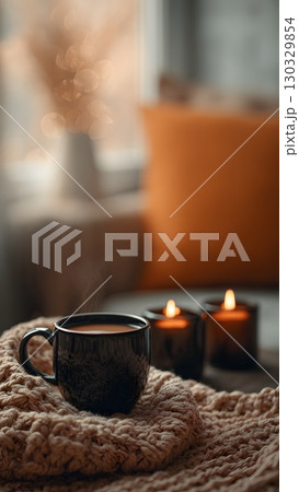 A cozy scene featuring a black mug filled with hot beverage, placed on a knitted blanket. Two lit candles create a warm atmosphere in an autumn setting. 130329854