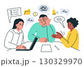 Flat cartoon vector illustration, office scene with meeting fatigue, stressed worker holding head, colleagues discussing project, teamwork problems, burnout, characters in business communication 130329970