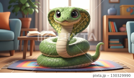 Adorable Cartoon Cobra in Cozy Living Room 130329990