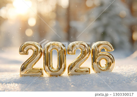 Golden numbers 2026 on snow, symbolizing the New Year celebration. Soft sunlight creates a warm glow in a winter landscape. 130330017
