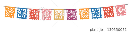 Colorful decorative cut out garland. Dia de los Muertos, Mexican Day of the Dead. Halloween paper bunting flags, papel picado. Isolated vector hand drawn birthday party decor. Festa Junina holiday Colorful decorative cut out garland. Dia de los Muertos, Mexican Day of the Dead. Halloween paper bunting flags, papel picado. Isolated vector hand drawn birthday party decor. Festa Junina holiday 130330051