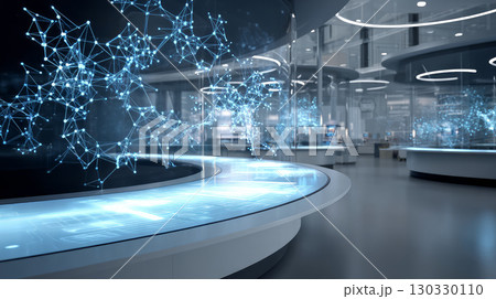 Blue DNA double helix with water molecule blue background. Human genetic research DNA, laboratory environment. Abstract image of human genetics, which glowing DNA strands merge with digital elements 130330110
