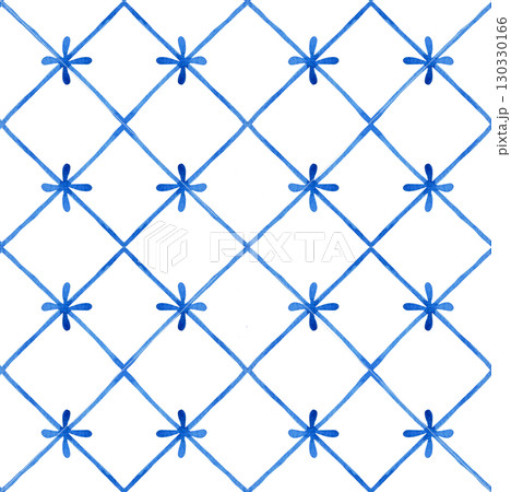 Seamless pattern with ornament on blue tiles in folk style. Watercolor illustration Seamless pattern with ornament on blue tiles in folk style. Watercolor illustration 130330166