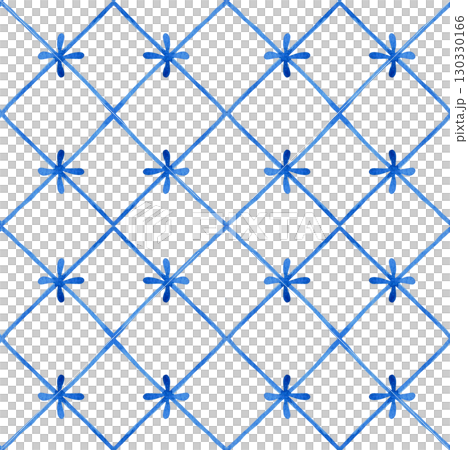 Seamless pattern with ornament on blue tiles in folk style. Watercolor illustration Seamless pattern with ornament on blue tiles in folk style. Watercolor illustration 130330166