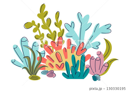 Flat cartoon vector illustration of underwater scene with corals and seaweeds on ocean floor. Bright colorful elements for children design, education, decoration, marine life theme, playful style Flat cartoon vector illustration of underwater scene with corals and seaweeds on ocean floor. Bright colorful elements for children design, education, decoration, marine life theme, playful style 130330195