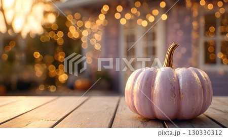 A decorative pink pumpkin with a golden stem sits on a wooden table. Soft bokeh lights create a festive atmosphere, perfect for autumn and Halloween parties. 130330312