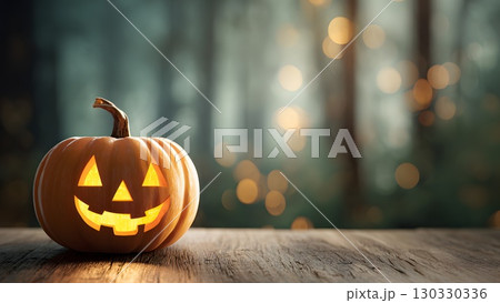 A carved pumpkin with a smiling face sits on a wooden table. The background features a blurred forest with soft, glowing lights, evoking a Halloween atmosphere. 130330336