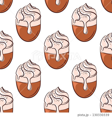 Seamless pattern with coffee latte and whipped cream in flat style on white background. Coffee cup wallpaper for bakery, cafe background, package and sweet food design. 130330339