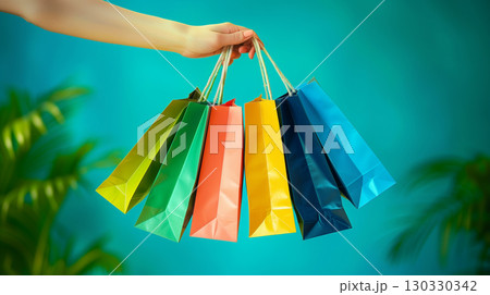 Hand holding colorful shopping bags, symbolizing retail, sale and consumerism 130330342