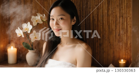 Beautiful young woman relaxing in spa with candles and steam for wellness concept 130330363
