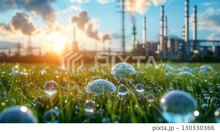 Eco bubbles symbolizing hydrogen energy on green grass with sunrise light and industrial factory background 130330366