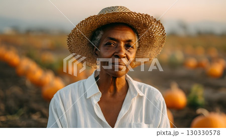 An elderly African woman wearing a straw hat stands in a pumpkin field during harvest season. The background features ripe pumpkins and a sunset sky. 130330578