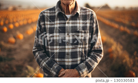 Senior Caucasian man in a plaid shirt stands in a pumpkin field during harvest season. Rows of pumpkins are visible in the background under a warm sunset light. 130330583