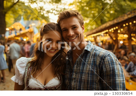 A young Caucasian couple smiles at the Oktoberfest beer festival in Bavaria, Germany. The woman wears a traditional dirndl, and the man is in a plaid shirt. 130330654