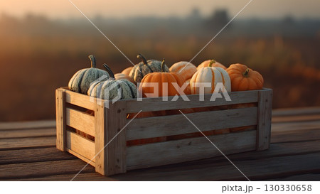 A wooden crate filled with various pumpkins, including orange and green varieties, sits on a rustic table. The background features a soft, blurred harvest landscape. 130330658