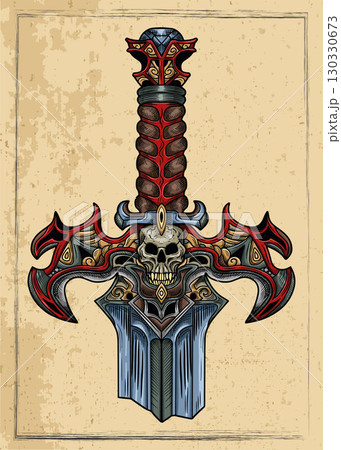 Old fantasy engraved illustration of decorated sword against textured background. Vector line art drawing, adventure medieval symbol 130330673