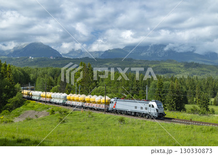 Freight train passing through the Slovakian countryside near the High Tatras 130330873