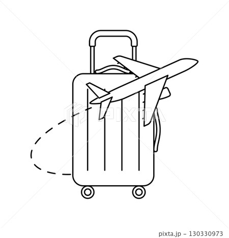 Airplane with suitcase icon. Air travel and tourism item. 130330973