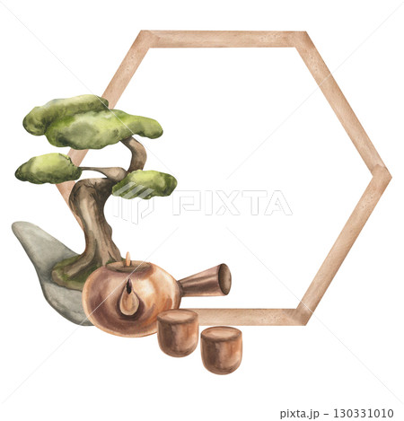 Japanese traditional bonsai tree,brown ceramic tea pot,cup on wooden gate watercolor illustration. Hand drawn Asian cultural clipart, tea ceremony elements for poster, card ,invitation design Japanese traditional bonsai tree,brown ceramic tea pot,cup on wooden gate watercolor illustration. Hand drawn Asian cultural clipart, tea ceremony elements for poster, card ,invitation design 130331010