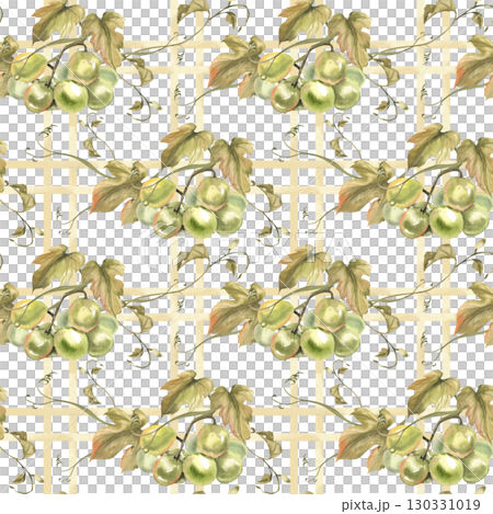 Green grapes vine with leaves botanical seamless pattern on beige vintage plaid. Hand drawn watercolor summer fruits on geometric background for kitchen rustic textile,fabric design,Wine ingredient 130331019