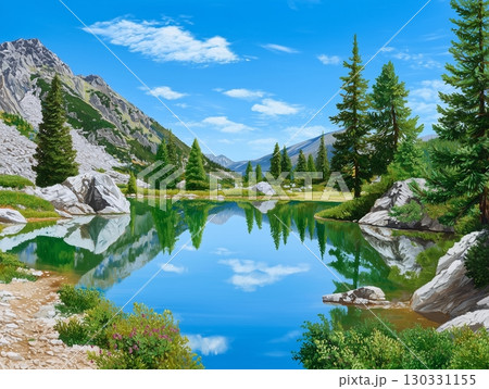 Oil Painting of a Serene Mountain Lake with Pine Trees and Rocky Peaks Reflected in Clear Water 130331155