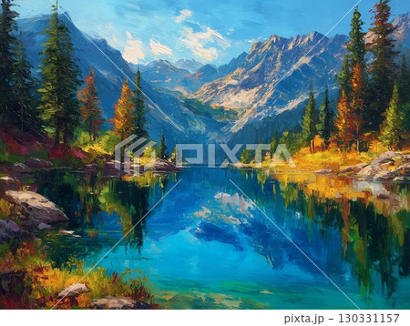 Oil Painting of a Serene Mountain Lake with Pine Trees and Rocky Peaks Reflected in Clear Water 130331157