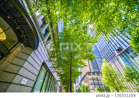 日本の東京都市景観9月2日。大成大手町ビルの前から「大手町駅前」の交差点・オフィスビル群を望む 130331289