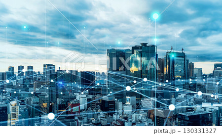夜明けの現代都市と通信ネットワークのコンセプト 130331327