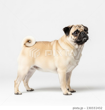 白い背景に立つパグのポートレート｜ペットと動物の写真素材 犬図鑑 130331432