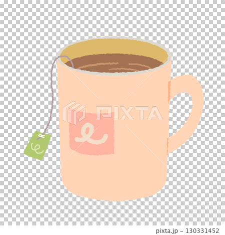 粉紅色杯子裡的熱飲。用茶包提取草本茶的插圖。放鬆 粉紅色杯子裡的熱飲。用茶包提取草本茶的插圖。放鬆 130331452