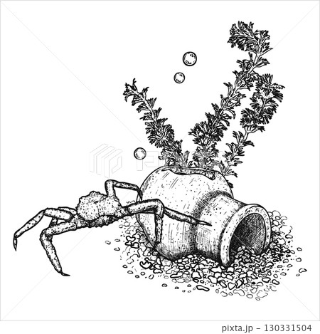 Sea composition with crab, clay vase and seaweed. Sea bottom.. Hand drawn vector illustration 130331504