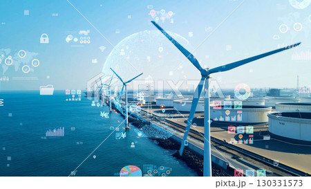 風力発電所の空撮と統計データのコンセプト 130331573
