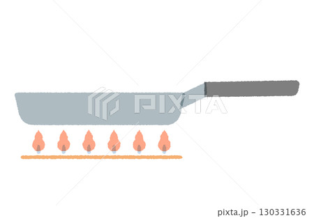 ガスコンロで加熱するフライパンのイラスト。ガスの火で調理しているイメージ。 130331636
