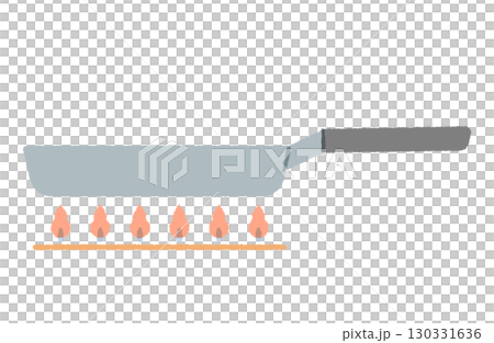 ガスコンロで加熱するフライパンのイラスト。ガスの火で調理しているイメージ。 130331636