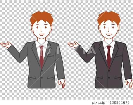 A young man in a gray suit with short hair points out 130331673