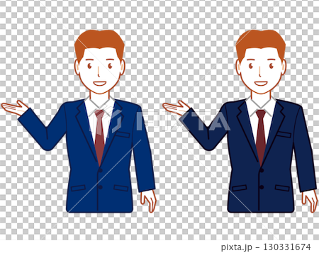 A young man in a navy suit and very short hair is pointing at me 130331674