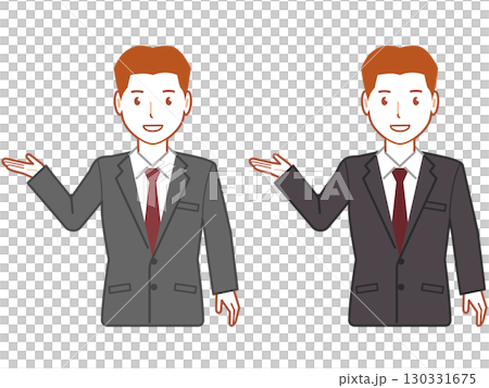 A young man in a gray suit with a very short haircut points out 130331675