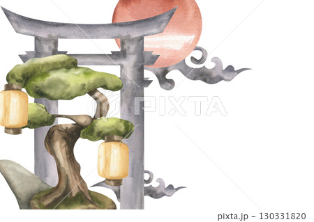 Asian style watercolor banner with traditional Japanese gate torii,bonsai tree with paper lanern and ornament elements sun and clouds. Hand drawn oriental illustration for cultural card,poster design Asian style watercolor banner with traditional Japanese gate torii,bonsai tree with paper lanern and ornament elements sun and clouds. Hand drawn oriental illustration for cultural card,poster design 130331820