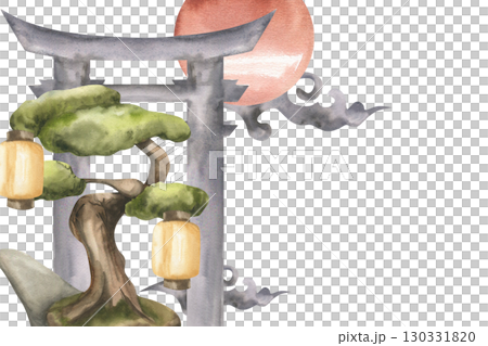 Asian style watercolor banner with traditional Japanese gate torii,bonsai tree with paper lanern and ornament elements sun and clouds. Hand drawn oriental illustration for cultural card,poster design Asian style watercolor banner with traditional Japanese gate torii,bonsai tree with paper lanern and ornament elements sun and clouds. Hand drawn oriental illustration for cultural card,poster design 130331820